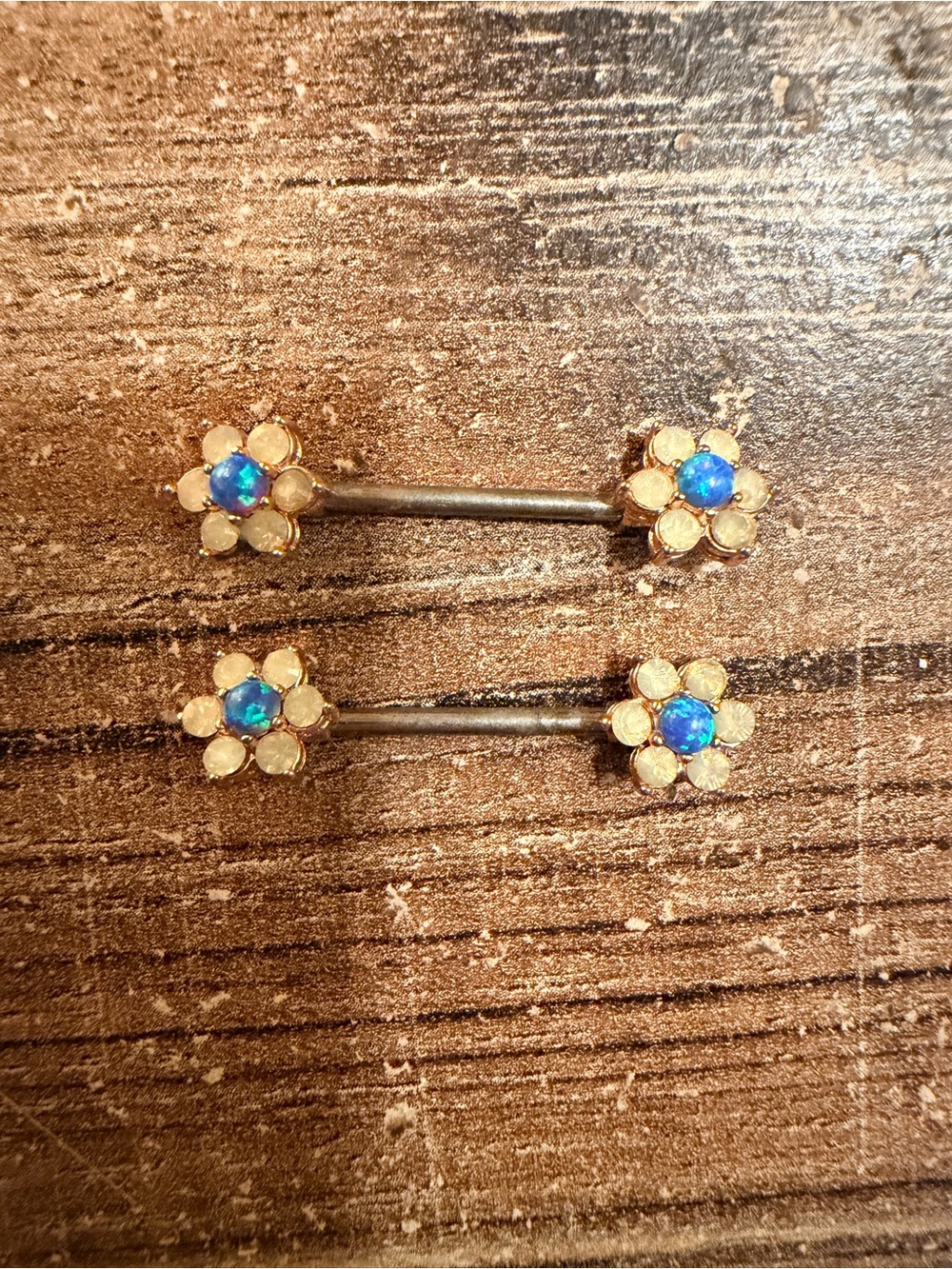 Floral Opal Barbell Nipple Rings - Blue Center